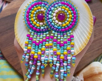Handwoven Mandala Fringe Earrings, Seed Bead Earrings, Artisan Earrings