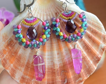 Fancy Artisan Earrings, Amethyst, Jade, Purple Aura Crystal Quartz, Amethyst Quartz, Czech Designer Glass Beads, Gemstones Earrings