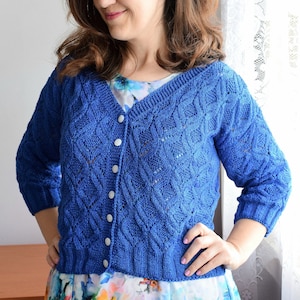Ready to ship, Size L, Cotton women&#39;s cardigan, Hand knit crop cardigan with 3/4 sleeves, Cropped cardigan with buttons, Hand knit cardigan