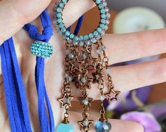 Labradorite Blue Jade Necklace, Artisan Gemstones Stars Necklace
