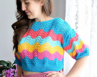 Ready to ship, Size XL, Reversible hand knit crop top, Cotton hand knit top, Summer crop top, Knit crop tank, Beach top