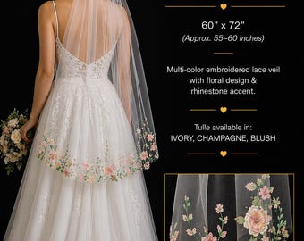 Voile de mariée cathédrale brodé floral, dentelle vert rose, détails de strass