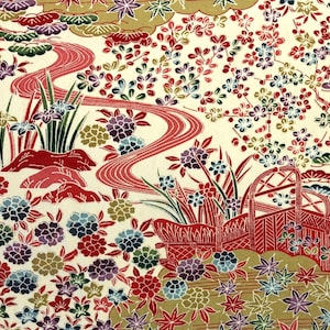 May include: A colorful Japanese-style floral pattern featuring a winding red river, flowers, and foliage in shades of red, purple, blue, green, and gold on a cream background. The design includes stylized trees and a bridge.