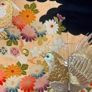 Vintage Japanese SILK Tomesdoe Kimono Fabric T58-B Triple Panel Embroidery