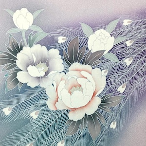 May include: A watercolor painting of white and purple peonies with a peacock feather design in the background.