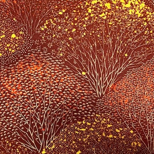 May include: A fabric featuring a deep red background with a repeating pattern of stylized trees and bushes. The design includes white line-drawn branches and clusters of yellow and orange dots that represent foliage in an autumn landscape.