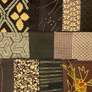 May include: A selection of fabric samples showcasing diverse patterns and colours. The swatches feature geometric designs, floral prints, and textured solids in shades of brown, gold, and black. The fabrics appear to be silk or a similar material.