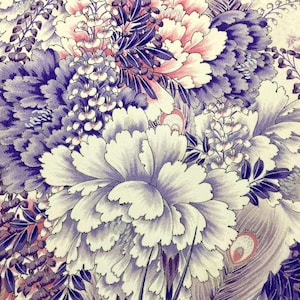 May include: Close-up of a floral design featuring large, layered white and purple flowers with pink accents. The intricate pattern includes smaller purple blossoms and delicate green stems, creating a detailed and textured aesthetic. The overall theme is a botanical illustration.