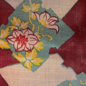 May include: A close-up of a fabric with a floral pattern. The fabric is a mix of red, blue, yellow, and white. The flowers are stylised and have a vintage look.
