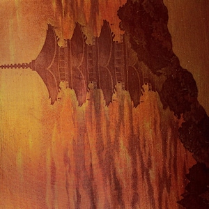 May include: An abstract painting featuring a detailed depiction of a pagoda in shades of brown against a warm, orange and yellow background. The artwork has a textured appearance, with a dark, vertical shape on the right side.