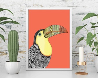 Toucan Print UK - Home Decor Prints -  Positive Wall Art - Tropical Bird Art - UK Wedding Gift- Tropical Animal Art