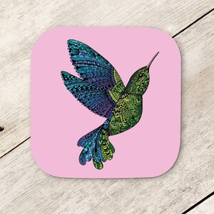 Hummingbird Wooden Drinks Coaster - Gift for Bird Lover - Pink Square Coaster - Bird Themed gift - Gift for Nan Mum Friend