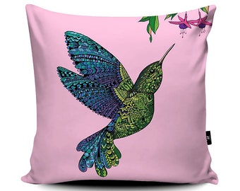 Super Soft Vegan Suede Soft Hummingbird Cushion 45 x 45 cm - Gift For Bird Lover - Square pink Cushion - Home Decor - Tropical Bird Gift