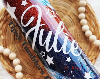 Personalized Patriotic Glitter Tumbler: Red, White & Blue Stars