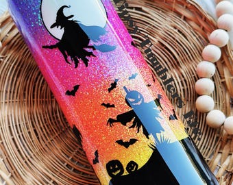 Ombre Glitter Halloween Tumbler: Spooky Witch, Haunted House & Bats
