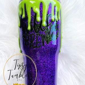 Witches Brew Glitter Tumbler, Halloween Slime Mug, Spooky Season Drinkware, Purple and Green Witchy Cup