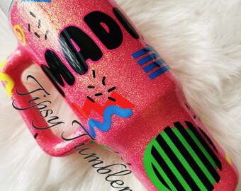 Personalized 90s Retro Glitter Tumbler: Neon Geometric Drinkware