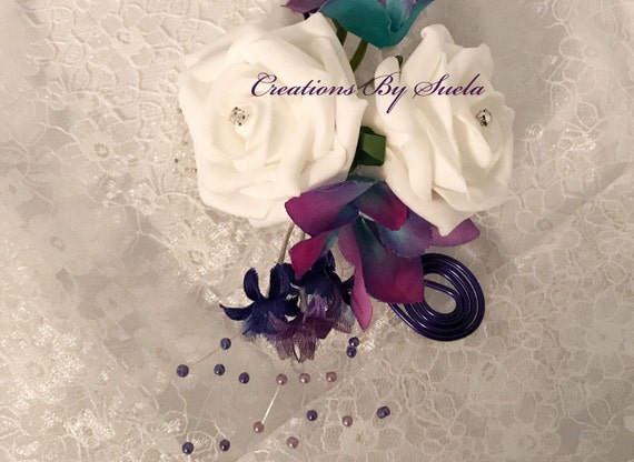 Wedding Buttonhole~Ivory Foam Rose*Galaxy Orchids*Babies Breath