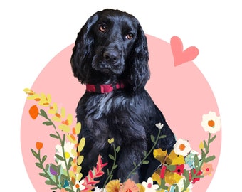 May include: A black cocker spaniel dog named Piper sits in a circle of pink with colorful flowers. The dog is wearing a pink collar.