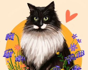 May include: A black and white cat with green eyes sits in a circle of purple and yellow flowers. The cat has a white patch on its chest and a heart-shaped design is in the background.