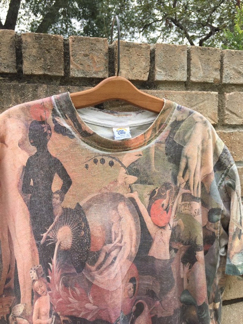 Vintage 1990s Archaic Smile All-Over Print Tee \u2022 Hieronymus Bosch Garden Earthly Delights XL