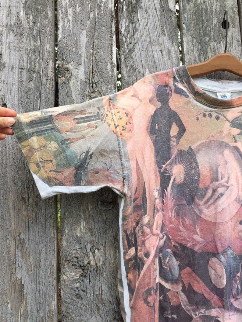 Vintage 1990s Archaic Smile All-Over Print Tee \u2022 Hieronymus Bosch Garden Earthly Delights XL