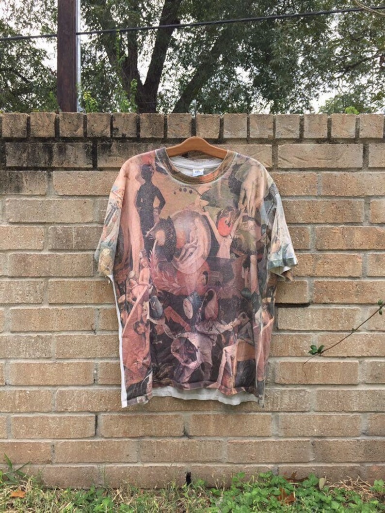 Vintage 1990s Archaic Smile All-Over Print Tee \u2022 Hieronymus Bosch Garden Earthly Delights XL