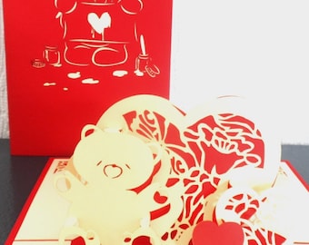 Teddy Bear -Hearts -3D- Pop up Card -Mothers day - Love - Birthday - Anniversary - Engagement - Wedding  (SKU137)