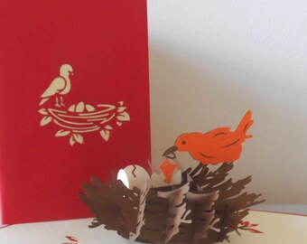 Birds Nest - Parent and Chicks -3D- Pop up Card  - New Baby- Birthday-New Home (sku164)
