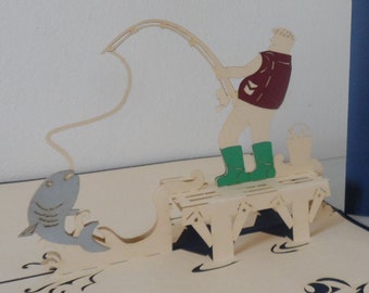 Fisherman -Gone Fishing - 3D - Pop up Card - Father's day- Retirement -Birthday (sku156a)