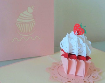 Strawberry and Cream Cupcake Muffin - 3D - Pop up Card -Mothers Day - Birthday- Hen party- Get Well (SKU 044)