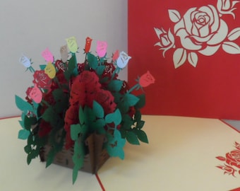 Roses - Basket - 3D - Pop up Card -  Birthday- love - Anniversary - Get Well -Thank You (sku039)