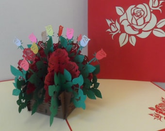 Roses - Basket - 3D - Pop up Card - Birthday- love - Anniversary - Get Well -Thank You (sku039)