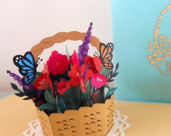 Basket of Flowers and Butterflies 3d - Pop up Card - Birthday- Get well - Anniversary SKU141