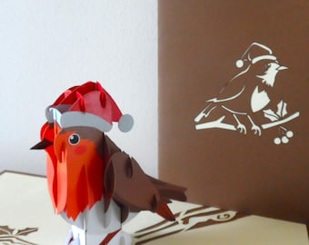Robin with Santa Hat 3d - Pop up Card - Christmas (sku408)