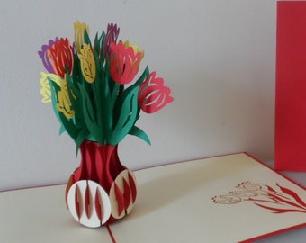 Tulips in Vase- 3D - Pop up Card- Mothers Day -Birthday- Get Well- Anniversary(sku024)