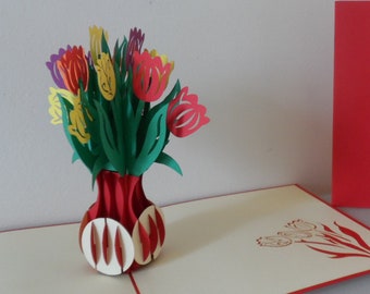 Tulips in Vase- 3D - Pop up Card-Mothers day  - Birthday- Get Well- Anniversary(sku024)