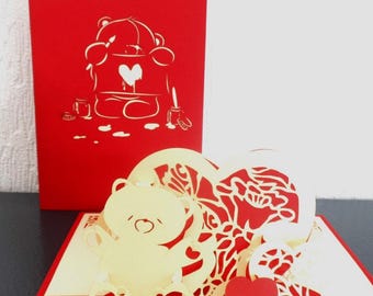 Teddy Bear -Hearts -3D- Pop up Card - Love - Birthday - Anniversary - Engagement - Wedding  (SKU137)