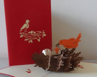 Nid d'oiseau - Parent et poussins -3D- Carte pop up - Fête des Mères - Nouveau bébé - Anniversaire - Nouvelle maison (sku164)