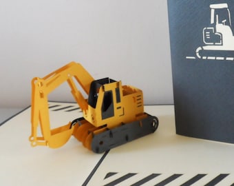 Yellow Digger Excavator -3D - Pop up Card -Fathers day - Birthday- Children- New Job (sku008)