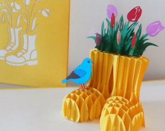 Flowers - Wellington Boots -Blue bird- 3D - Pop up Card - retirement- birthday (sku033)