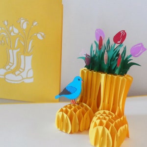Fleurs - Bottes Wellington - Oiseau bleu - 3D - Carte pop up - Retraite - Anniversaire (sku033)