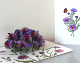 Purple Aster Daisies Flowers with Butterfly -3D- Pop up Card -  Birthday - Get well - Thank you (SKU146)