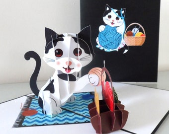 Cat Playing with Wool Basket -3D - Pop up Card - Birthday-New Pet (sku173)