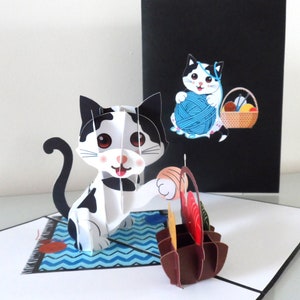 Chat jouant avec un panier en laine -3D - Carte pop-up - Fête des Mères - Anniversaire - Nouvel animal de compagnie (sku173)