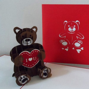Ours en peluche et coeur, je t'aime - Carte contextuelle 3D - Fête des Mères - Anniversaire - Anniversaire - (sku067)