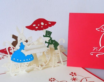 Alice in Wonderland -Mad Hatters Tea Party -3D - Pop up Card-  Birthday-Get Well-Hen Party -SKU(106)