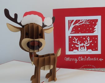 Reindeer with Santa Hat 3d - Pop up Card - Christmas (sku427)