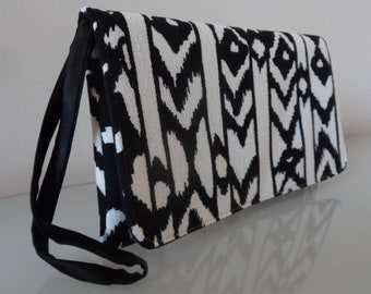 Black and Cream Geometric Aztec Design Clutch Bag -textile/evening/purse/wrist strap/present