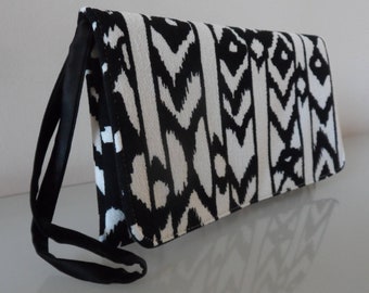 Black and Cream Geometric Aztec Design Clutch Bag -textile/evening/purse/wrist strap/present/Mothers Day